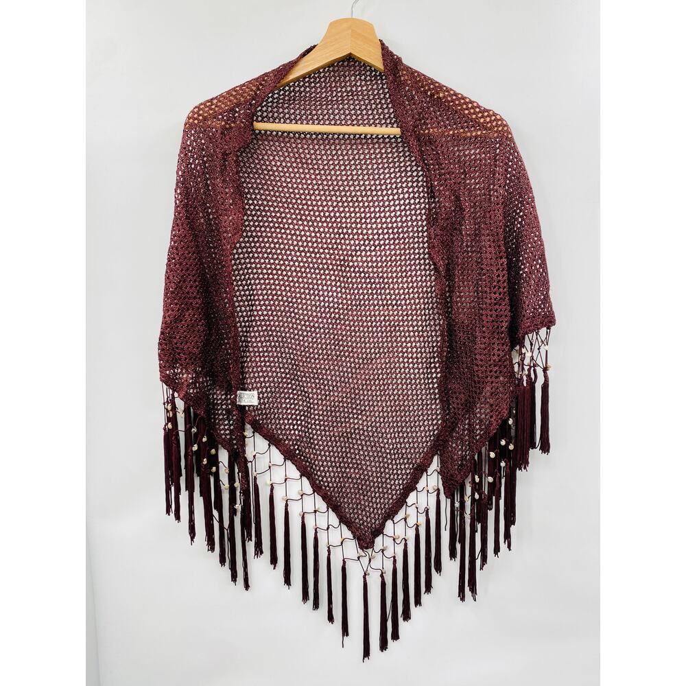 Marooon fringe sheer beaded shawl